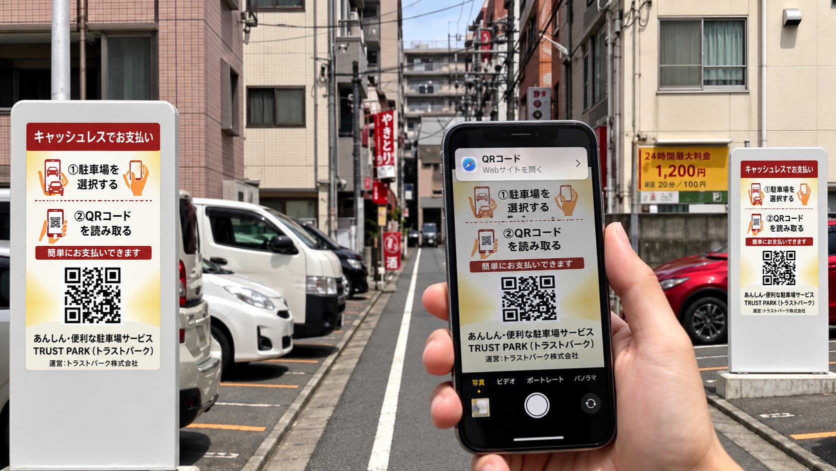 サイネージのQRコードをスマートフォンで読み取る様子